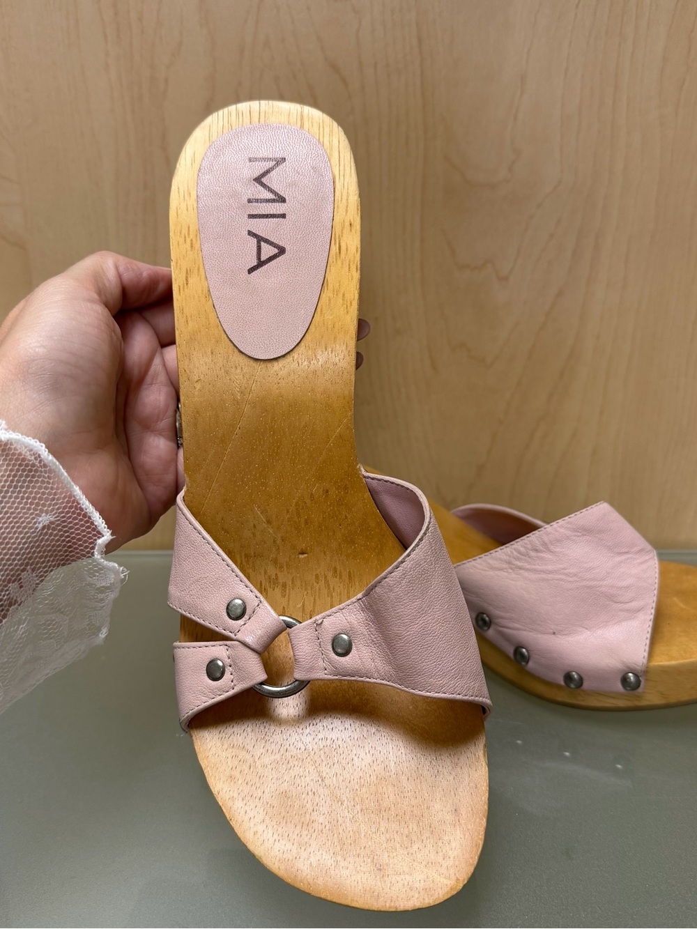 MIA Pink Leather Ring-Accent Wood-Look Slide Clogs